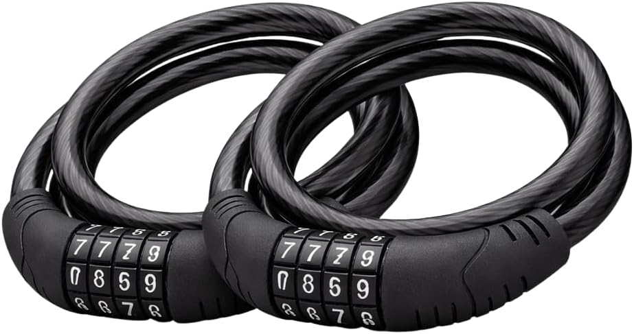 2 Pack Bike Lock Cable 4 Ft Resettable Combination Bicycle Lock 10mm Steel for Bikes Scooters Gates Outdoor Use Black